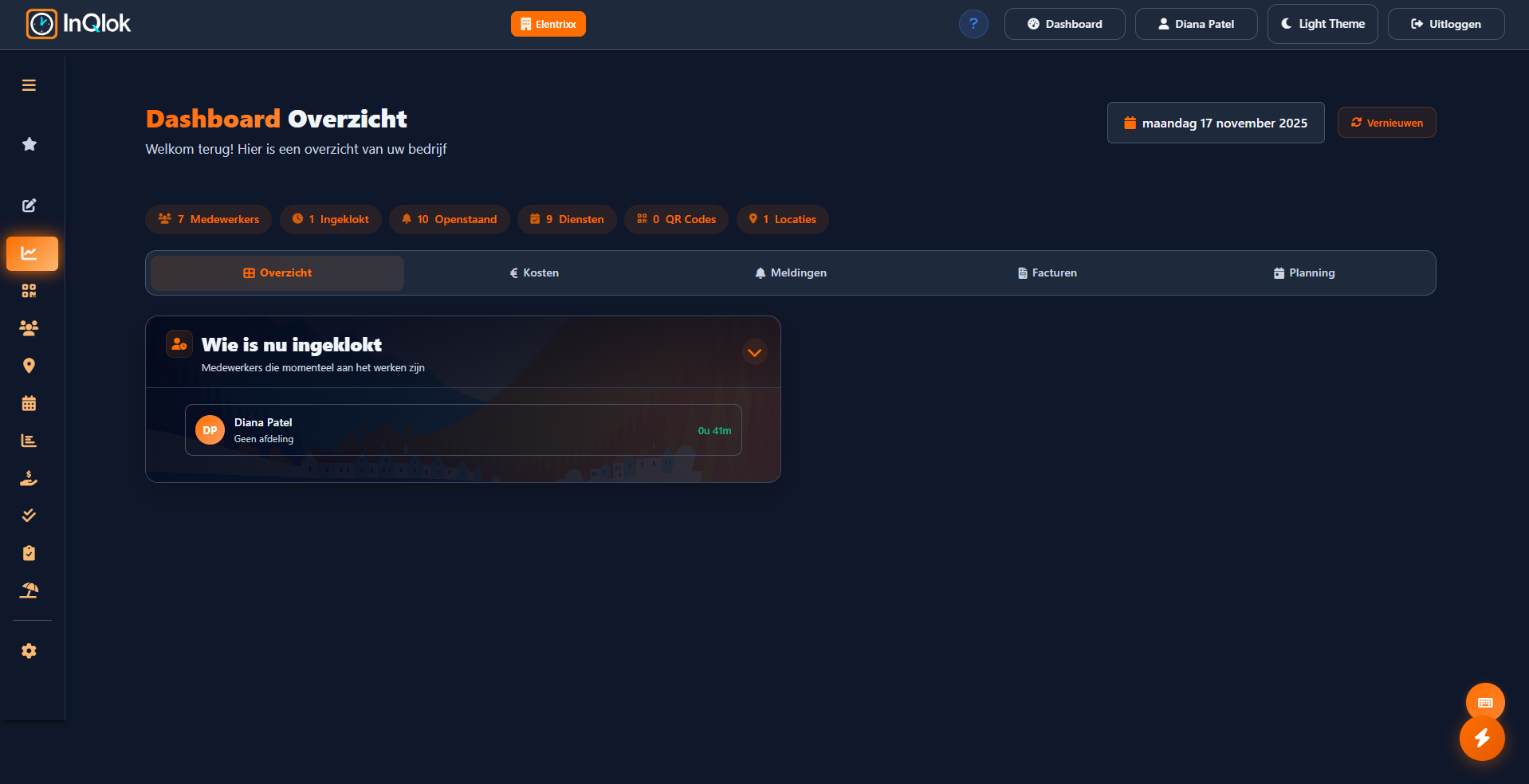 InQlok admin dashboard (donker thema)