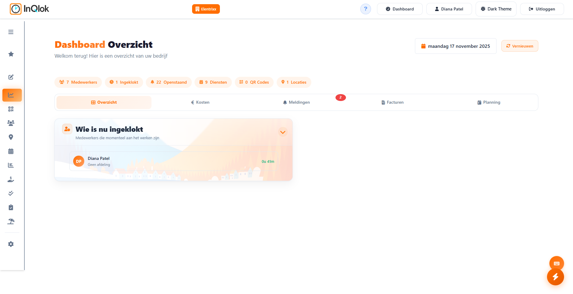 InQlok admin dashboard met live overzicht van ingeklokte medewerkers