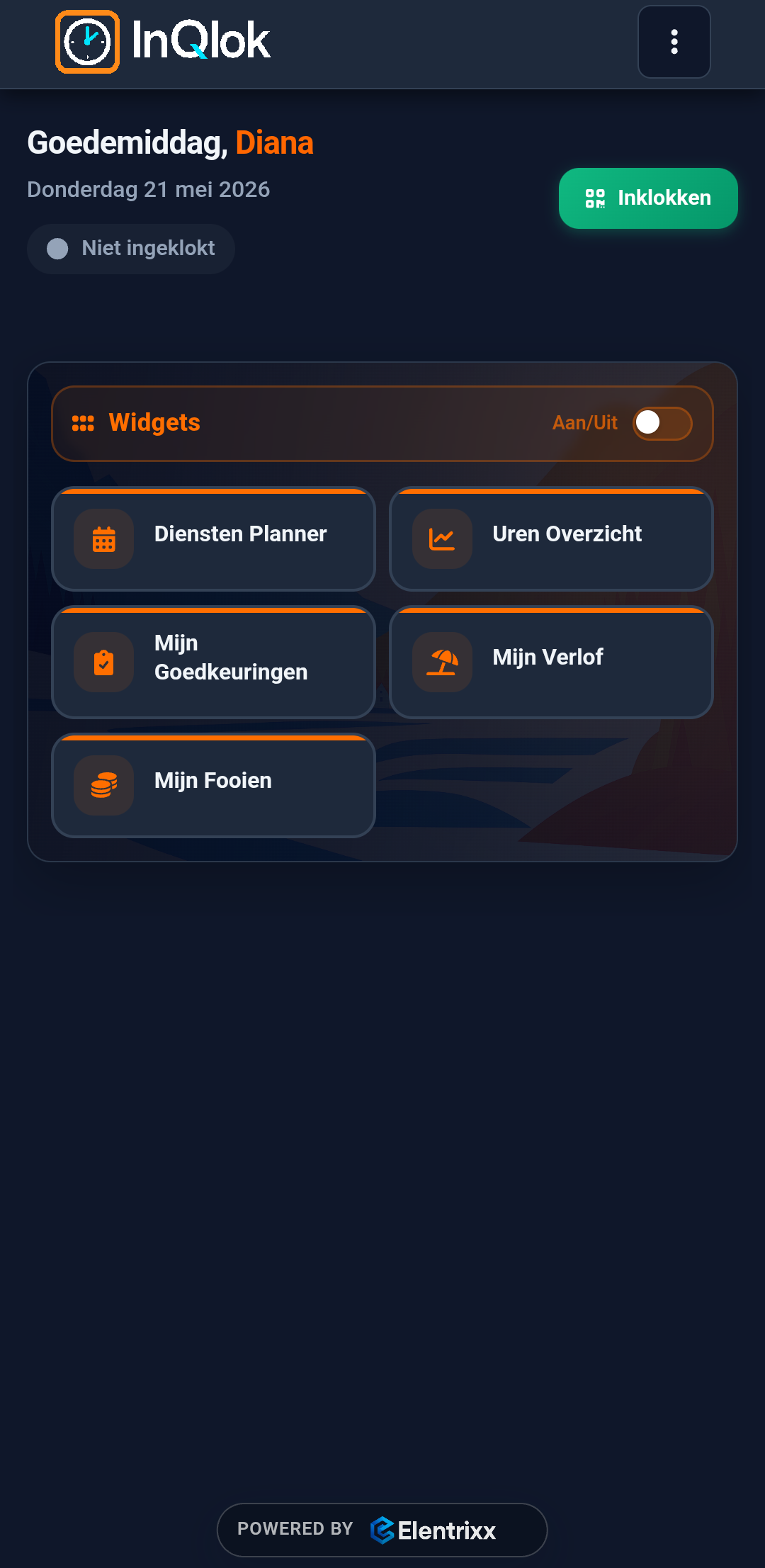 Startscherm van de medewerkers-app (donker thema)