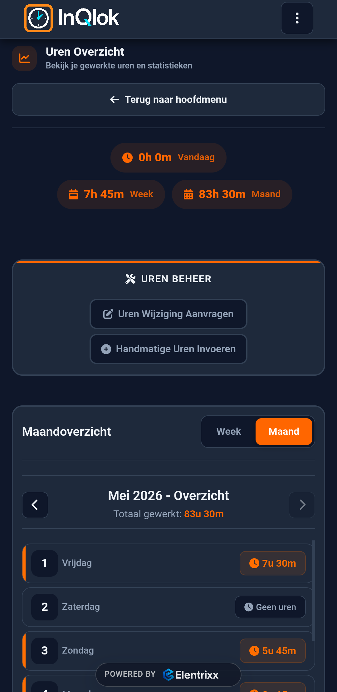 Eigen urenoverzicht (donker thema)