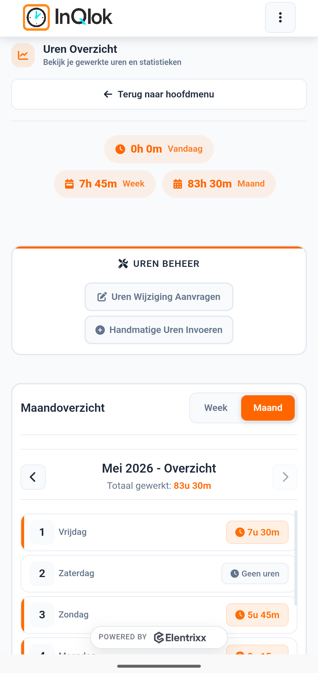 Eigen urenoverzicht met grafiek per week of maand