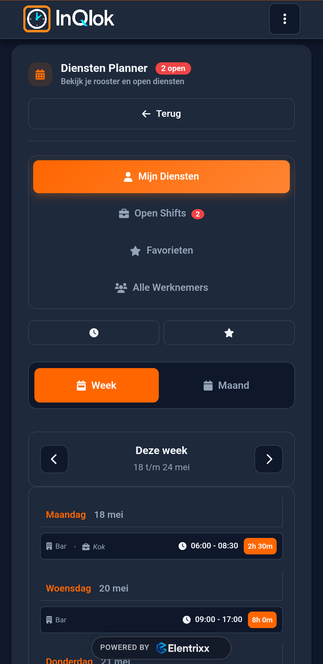 Rooster in de medewerkers-app (donker thema)