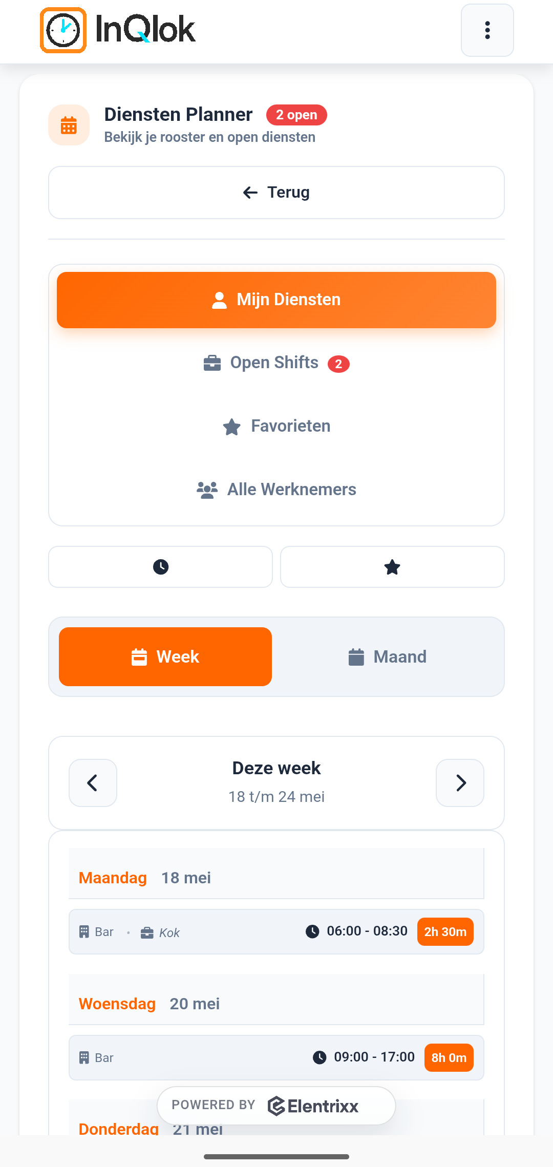 Rooster in de medewerkers-app met eigen diensten en open diensten