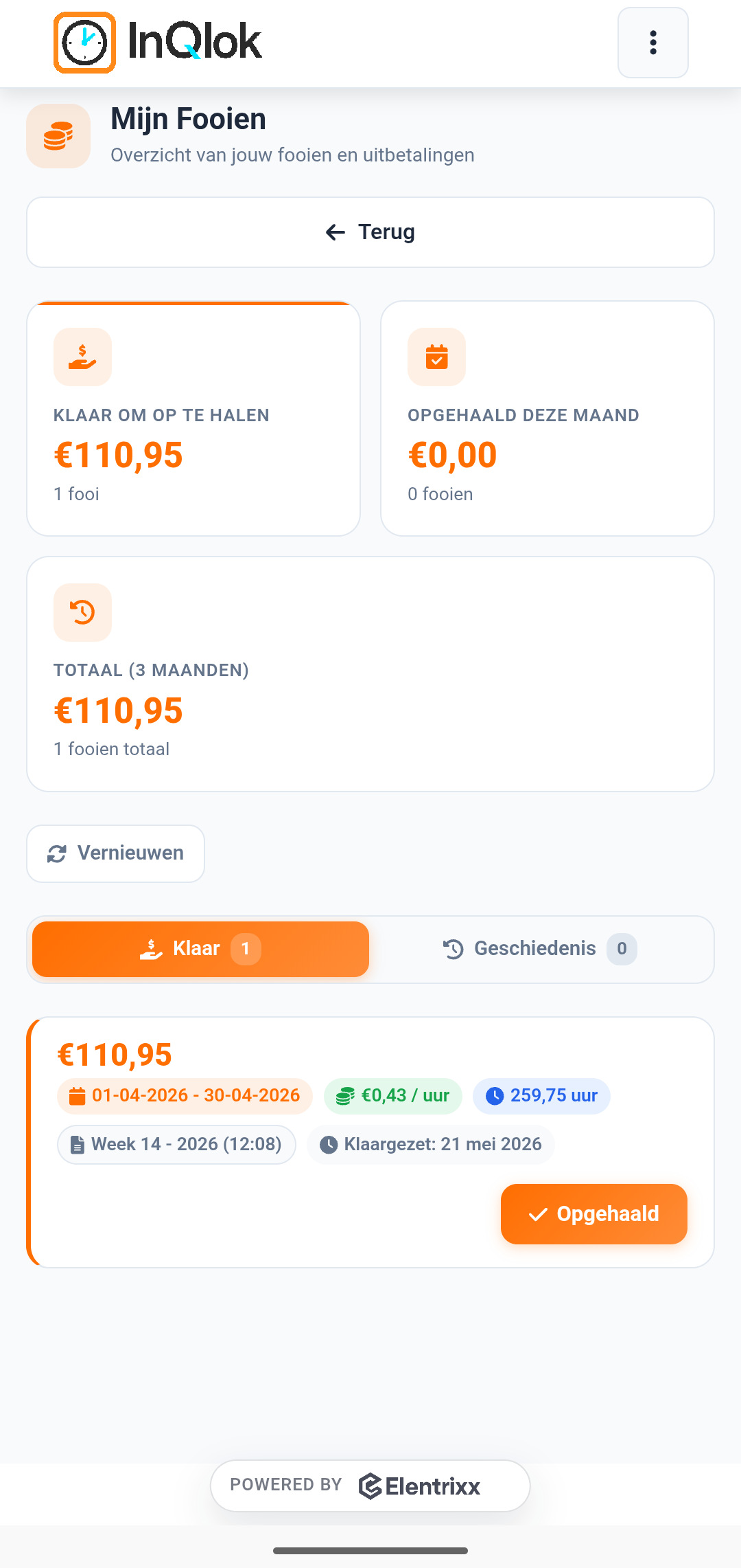 Fooienoverzicht met openstaand en uitbetaald bedrag